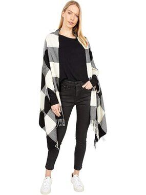 J Crew Oversized Black and Cream Buffalo Plaid Wrap with fringe, arm openings